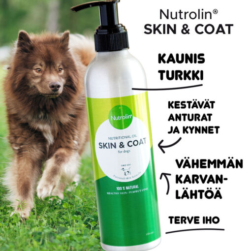 Nutrolin® SKIN & COAT auttaa koiran karvanlähtöön ja antaa koiralle terveen ihon ja kestävät anturat.