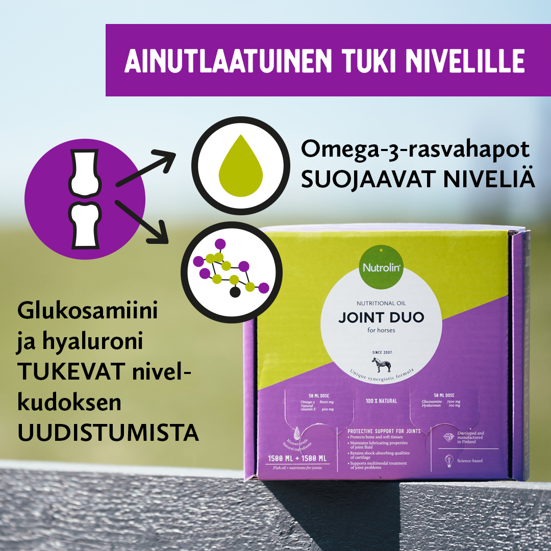 Nutrolin® HORSE Joint Duo yhdistää ainutlaatuisella tavalla omegat ja nivelravinteet. Kalaöljyn omega-3-rasvahapot suojaavat hevosen niveliä, glukosamiini ja hyaluronihappo tukevat nivelkudoksen uudistumista.