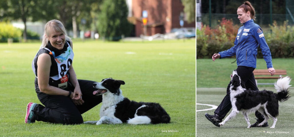 kahden kuvan kollaasi, jossa molemmissa kuvissa nainen mustavalkoisen koiran kanssa