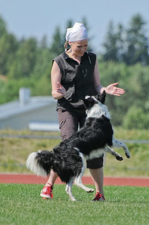 mustavalkoinen koira hyppii iloisesti naisen kehuessa koiraa