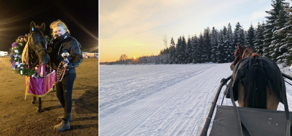 kollaasikuva nuori nainen voittoseppele kaulallaan oleva russponi sekä russponi harjoituskärryjen edessä lumisessa talvimaisemassa