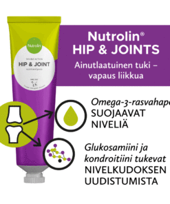 Nutrolin® HIP & JOINT yhdistää ainutlaatuisella tavalla omegat ja nivelravinteet. Kalaöljyn omega-3-rasvahapot suojaavat niveliä, glukosamiini ja kondroitiinisulfaatti tukevat nivelkudoksen uudistumista.