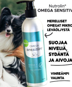 Nutrolin® OMEGA SENSITIVE® tarjoaa merelliset omega-3-rasvahapot koiran ja kissan päivittäiseen hyvinvointiin. Ne suojaavat kissan ja koiran niveliä, sydäntä ja aivoja.