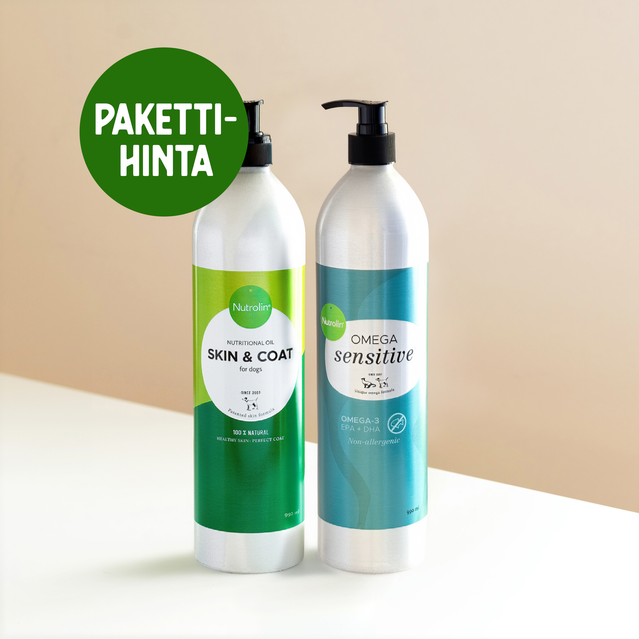 Nutrolin® OMEGA SENSITIVE® ja Nutrolin® SKIN & COAT koot 990 ml edulliseen pakettihintaan